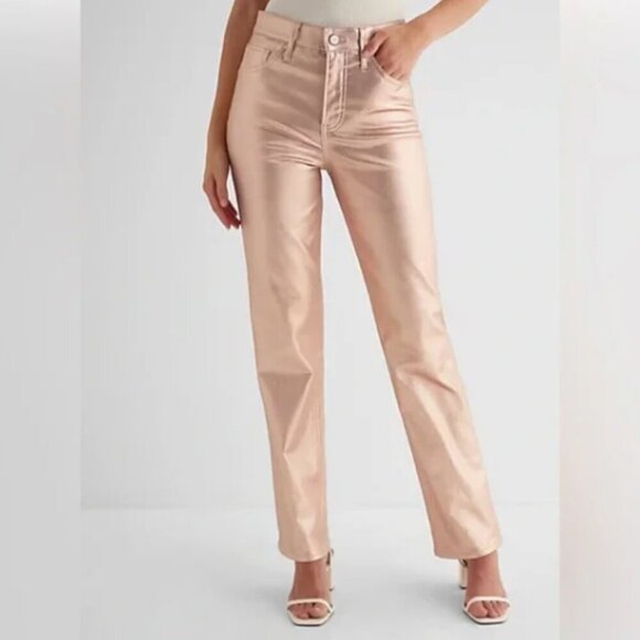 Express Ladies Rose Gold High Waisted Metallic Coated Modern Straight Jeans NWT - Picture 1 of 12